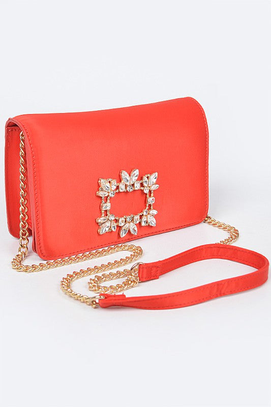Crystal Buckle Designed Satin Crossbody Bag - Tigbul's Variety Fashion Shop