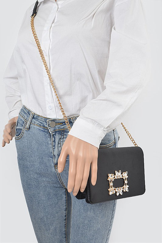 Crystal Buckle Designed Satin Crossbody Bag - Tigbul's Variety Fashion Shop
