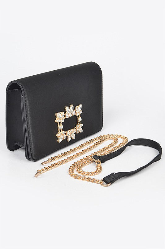 Crystal Buckle Designed Satin Crossbody Bag - Tigbul's Variety Fashion Shop