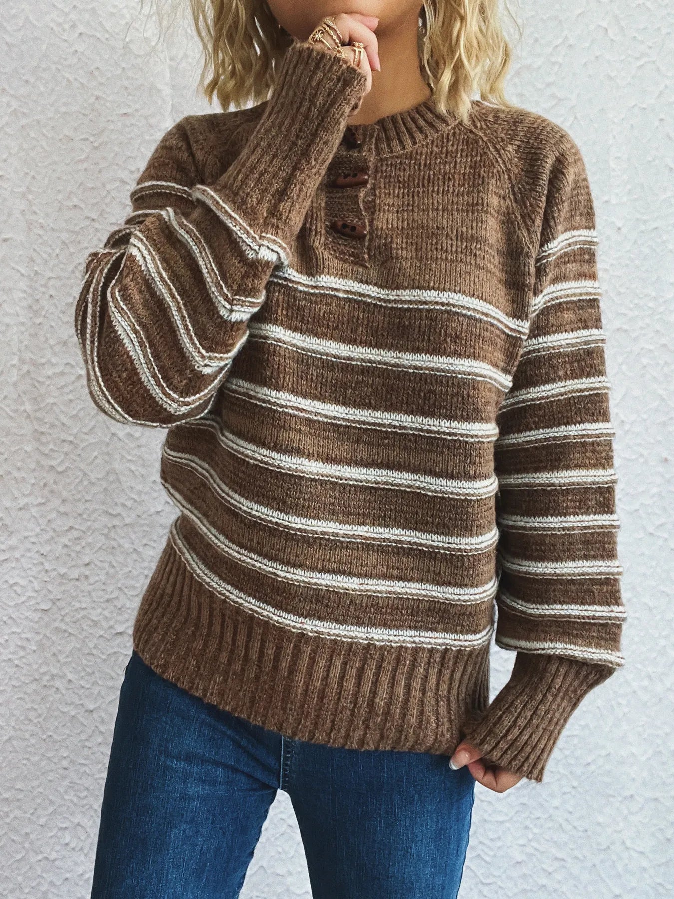 Striped Button Detail Long Sleeve Sweater - Tigbul's Variety Fashion Shop