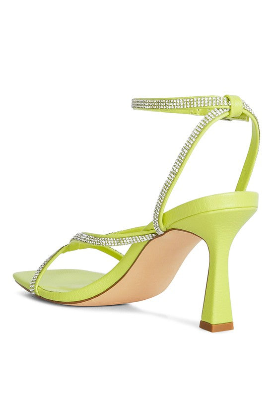 Size 6 & 7 Lime Crush It Diamante Mid Heel Sandals - Tigbul's Variety Fashion Shop