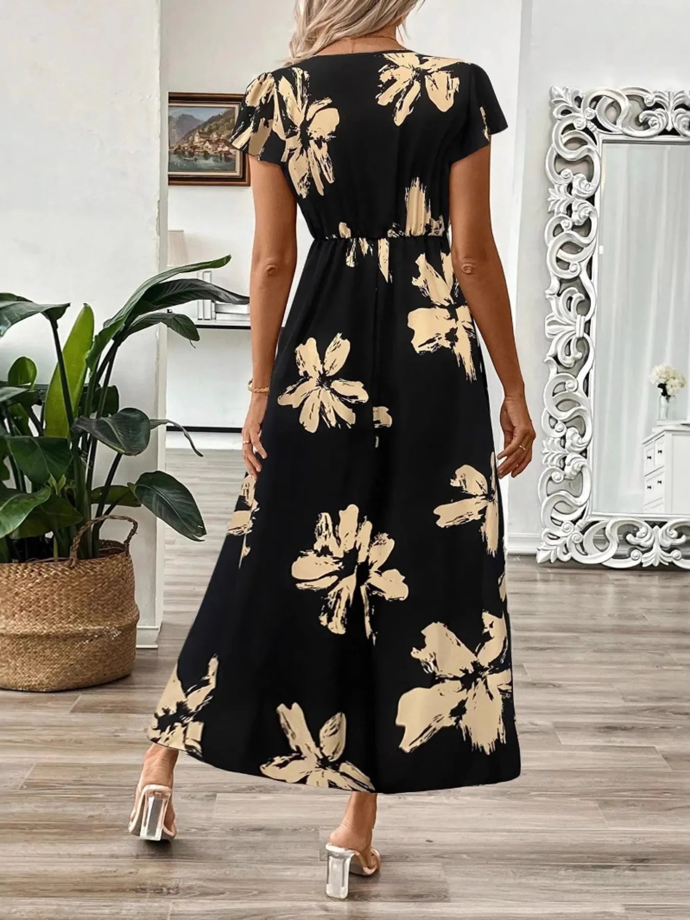 Surplice Short Sleeve Midi Dress - Tigbul's Variety Fashion Shop