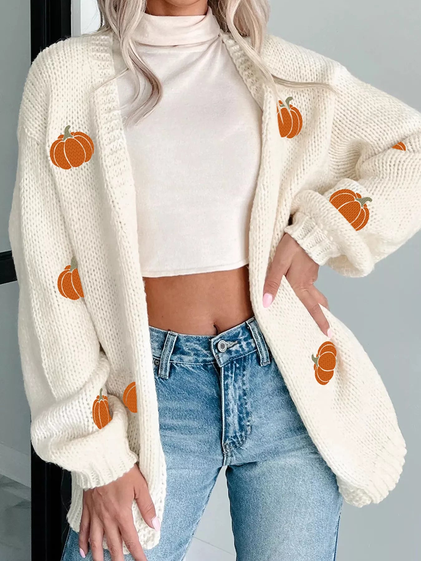 Halloween Pumpkin Embroidered Knit Cardigan - Tigbul's Variety Fashion Shop
