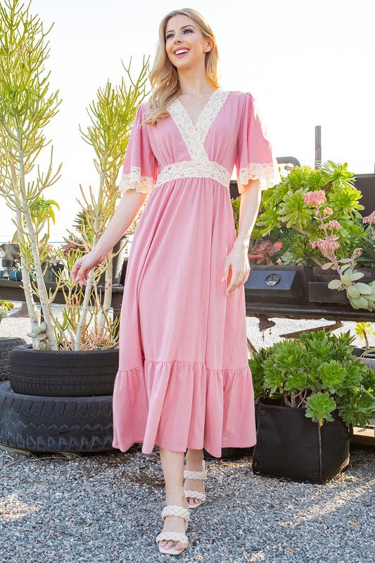 Lace Trim Detailed Tiered Midi Dress - Tigbul's Variety Fashion Shop