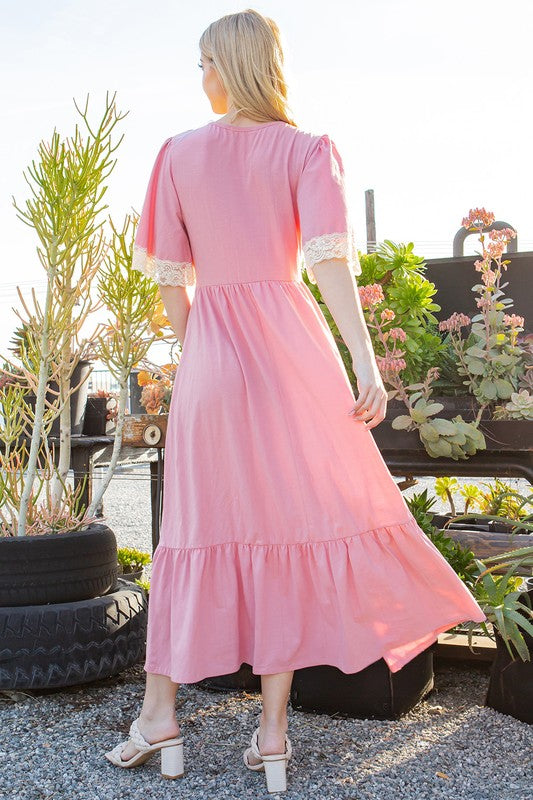 Lace Trim Detailed Tiered Midi Dress - Tigbul's Variety Fashion Shop