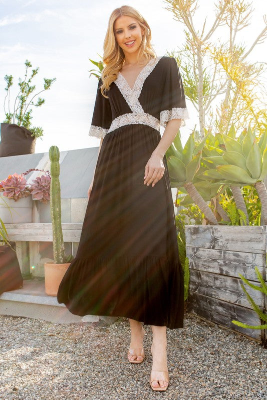 Lace Trim Detailed Tiered Midi Dress - Tigbul's Variety Fashion Shop