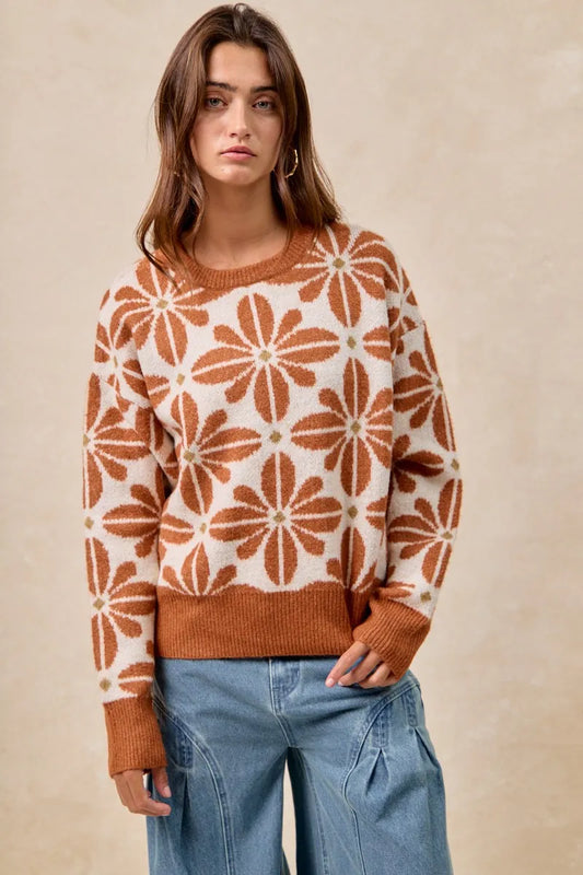 BiBi Flower Pattern Long Sleeve Sweater - Tigbul's Variety Fashion Shop