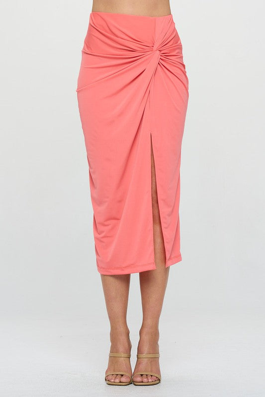 Made in USA Midi Skirt with Front Knot and Slit - Tigbul's Variety Fashion Shop