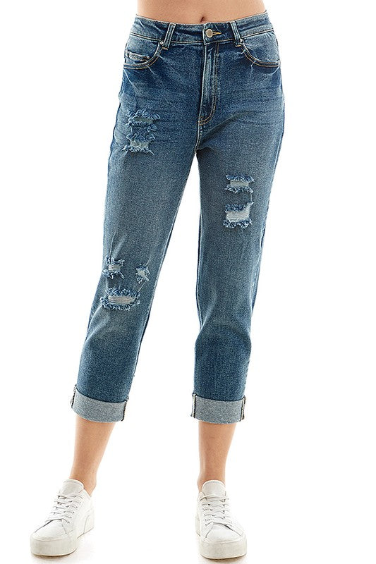 Distressed High Rise Cropped Mom Stretch Jean Pants - Tigbul's Variety Fashion Shop