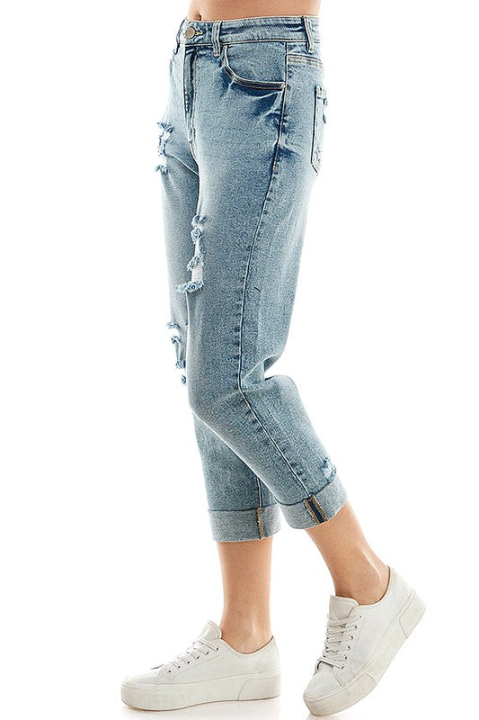 Distressed High Rise Cropped Mom Stretch Jean Pants - Tigbul's Variety Fashion Shop