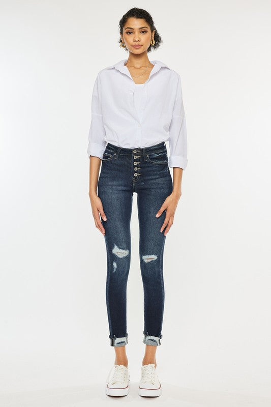 High Rise Button Down Cuffed Ankle Skinny Jeans - Tigbul's Variety Fashion Shop