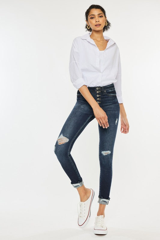 High Rise Button Down Cuffed Ankle Skinny Jeans - Tigbul's Variety Fashion Shop