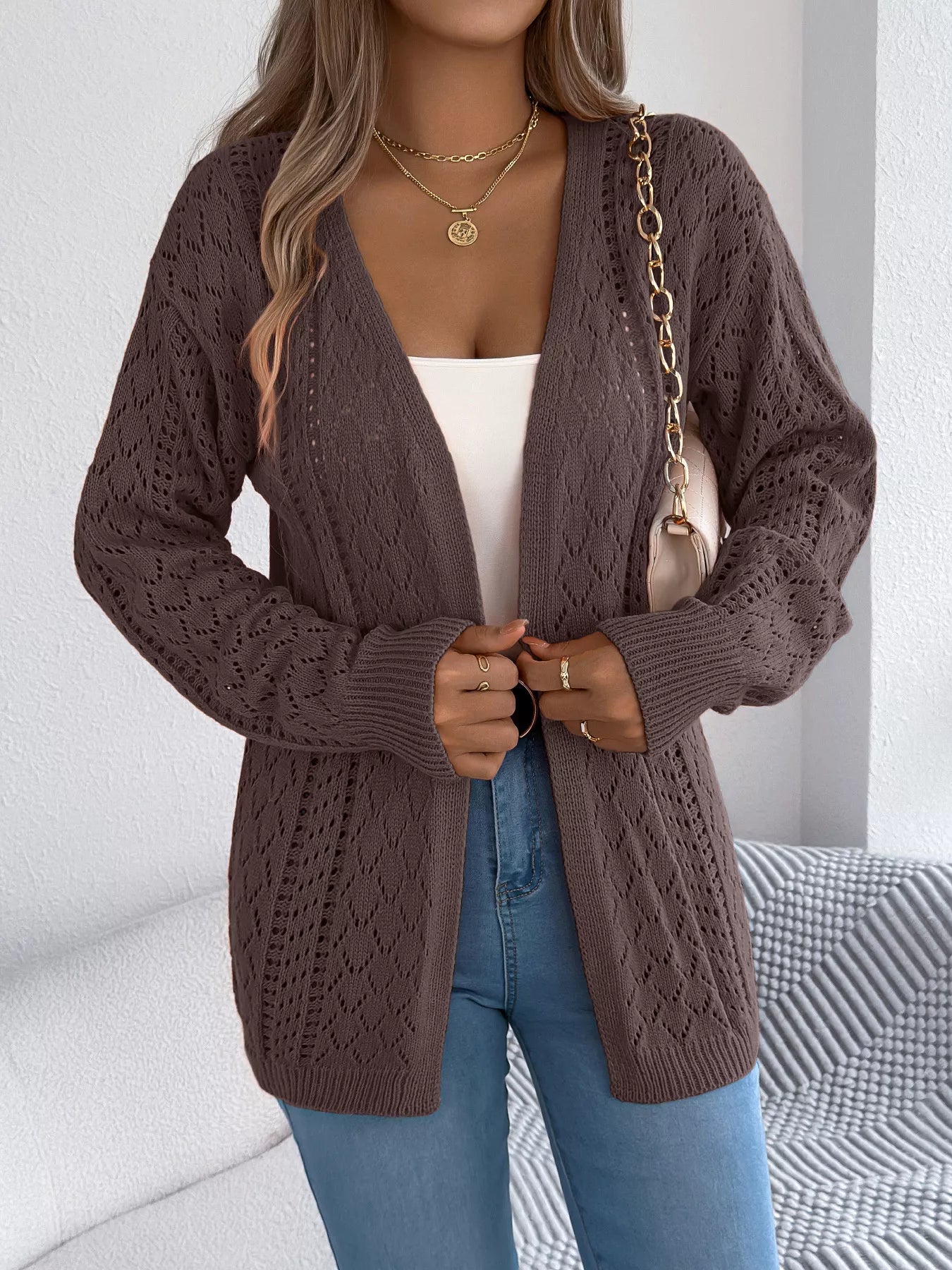 Openwork Open-Front Long Sleeve Cardigan - Tigbul's Variety Fashion Shop