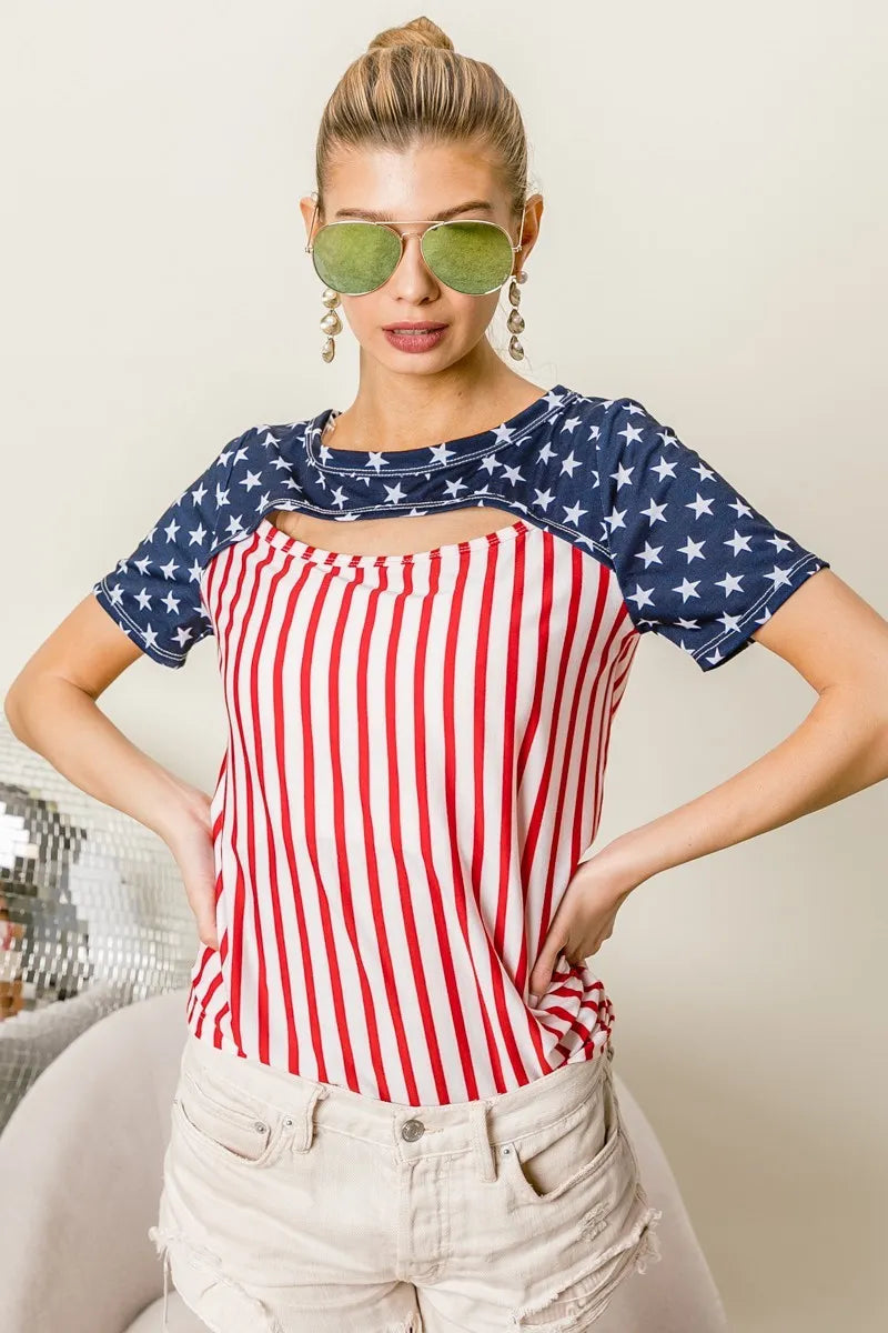 American Flag Theme Front Cut Out Top - Tigbul's Variety Fashion Shop