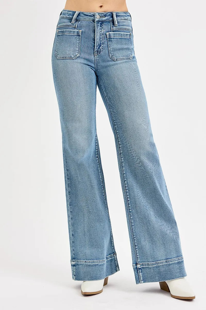 RISEN Full Size High Rise Wide Flare Patch Pocket Jeans Plus Size - Tigbul's Variety Fashion Shop