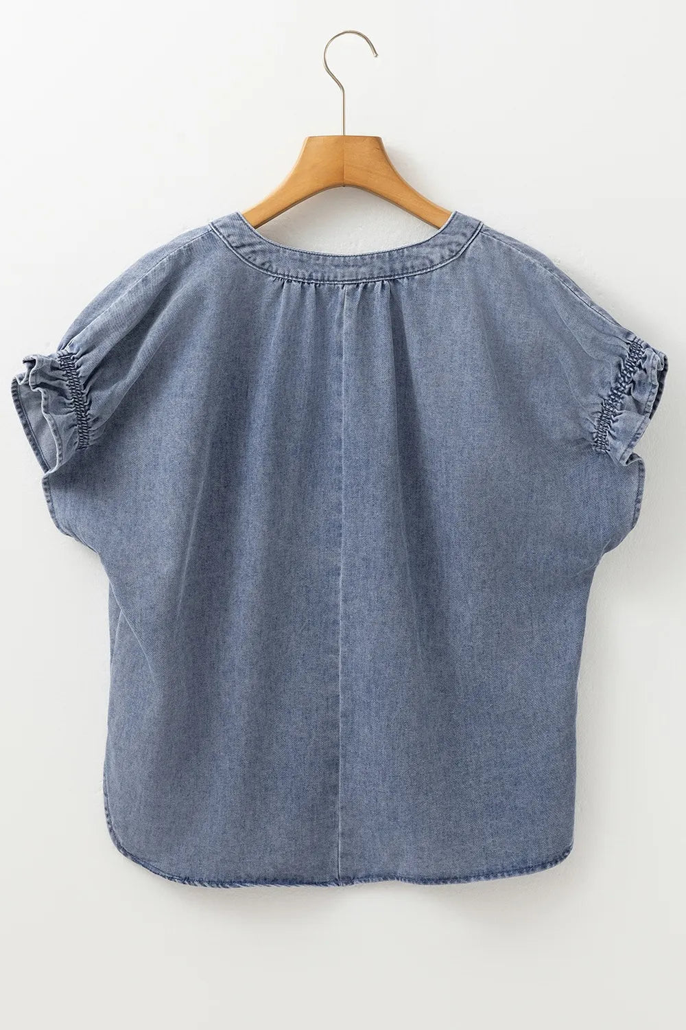 V Neck Ruffled Short Puff Sleeve Denim Top - Tigbul's Variety Fashion Shop