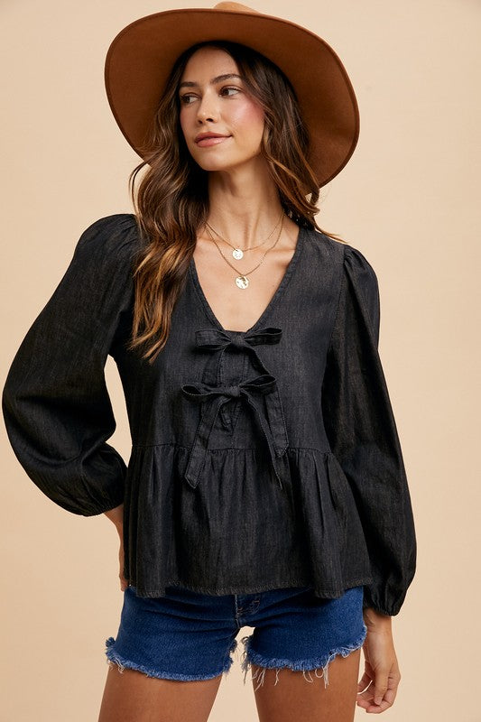 Black Tie Front Peplum Long Sleeve Denim Top - Tigbul's Variety Fashion Shop