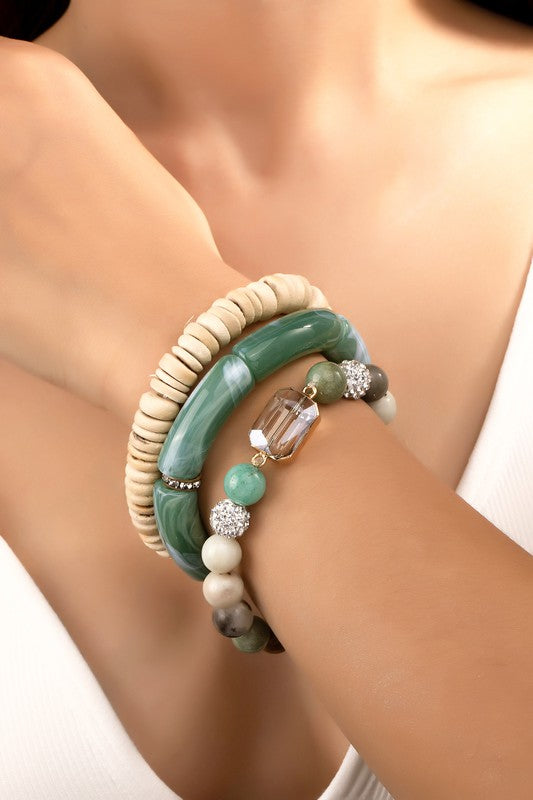 3 row semi precious stone and wood bead bracelets - Tigbul's Variety Fashion Shop