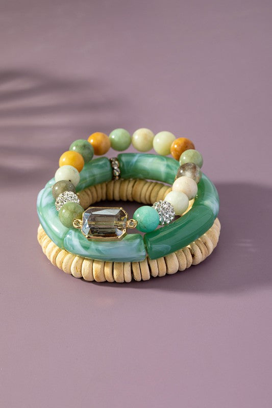 3 row semi precious stone and wood bead bracelets - Tigbul's Variety Fashion Shop