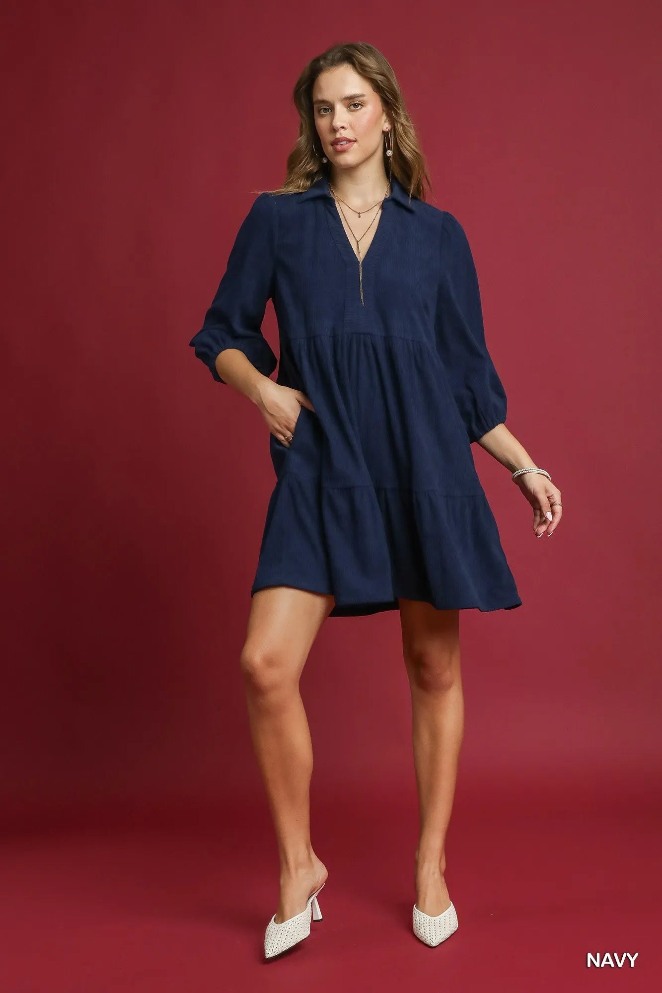 Umgee Tiered Corduroy Mini Dress with Balloon Sleeves - Tigbul's Variety Fashion Shop