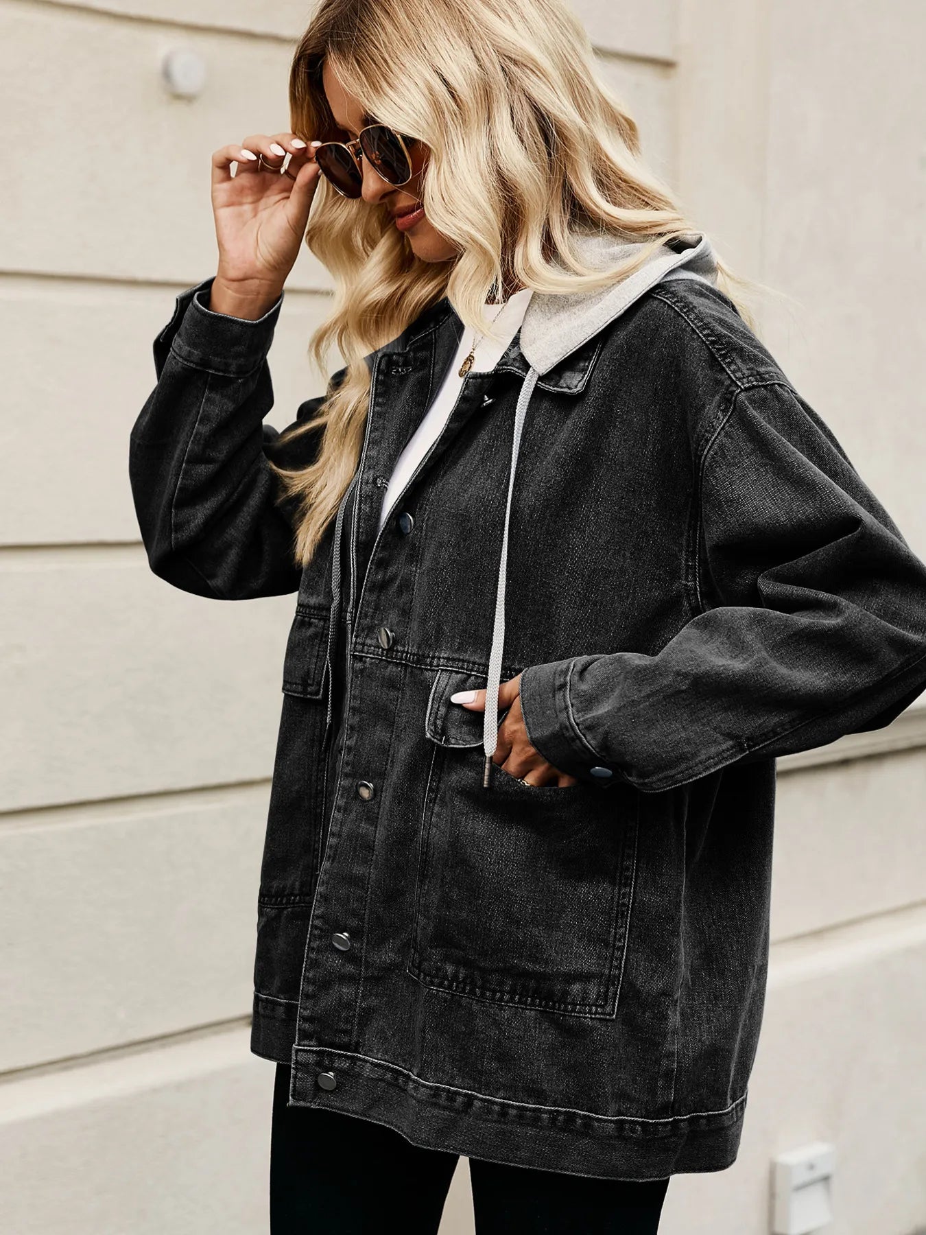 Oversized Button Up Denim Jacket with Hood - Tigbul's Variety Fashion Shop