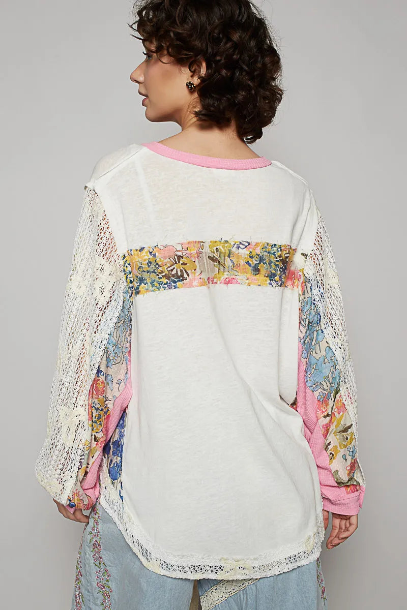 POL Button Detail Floral Patchwork Crochet Sleeve Blouse - Tigbul's Variety Fashion Shop