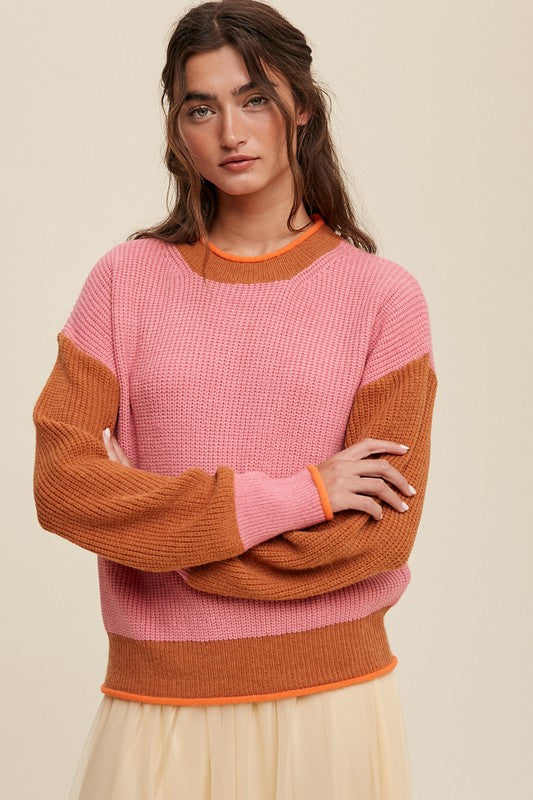 Pink Color Block Ribbed Knit Sweater - Tigbul's Variety Fashion Shop