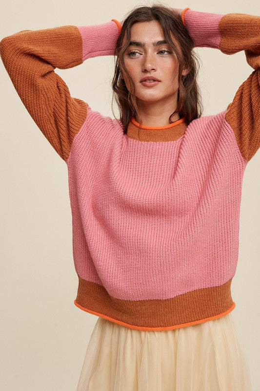 Pink Color Block Ribbed Knit Sweater - Tigbul's Variety Fashion Shop