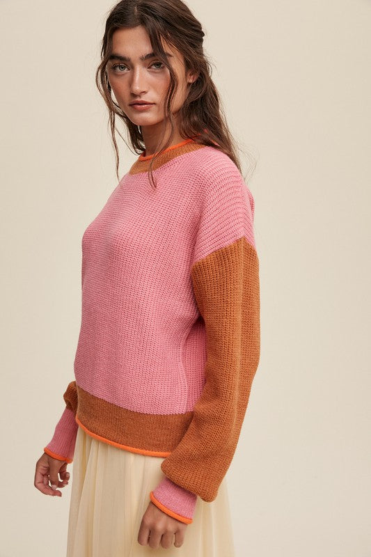 Pink Color Block Ribbed Knit Sweater - Tigbul's Variety Fashion Shop