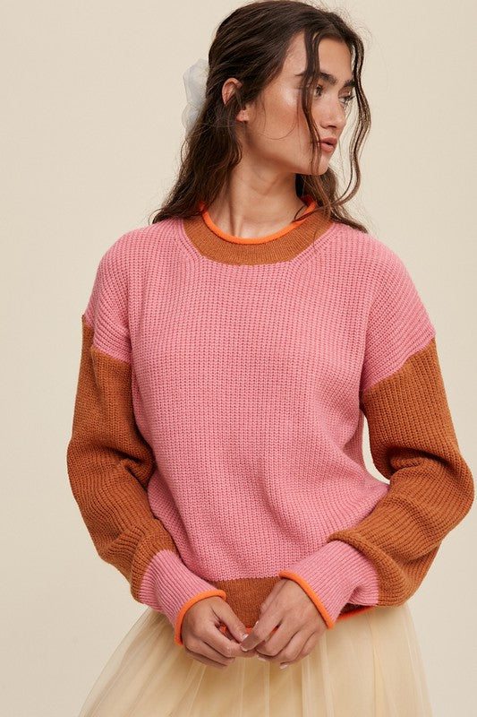 Pink Color Block Ribbed Knit Sweater - Tigbul's Variety Fashion Shop