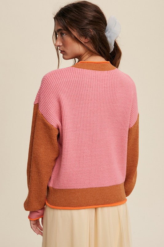 Pink Color Block Ribbed Knit Sweater - Tigbul's Variety Fashion Shop