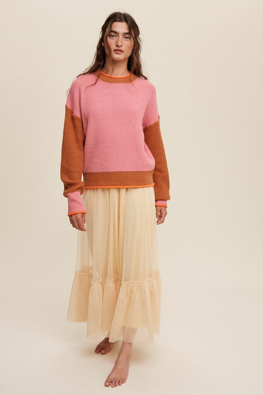 Pink Color Block Ribbed Knit Sweater - Tigbul's Variety Fashion Shop