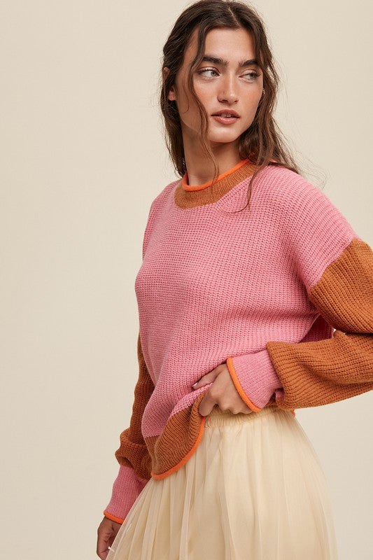 Pink Color Block Ribbed Knit Sweater - Tigbul's Variety Fashion Shop