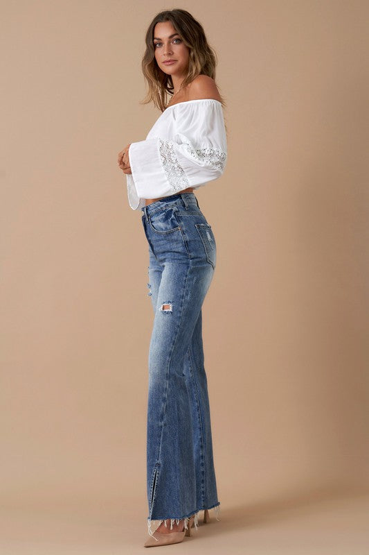 High Rise Slit Flare Denim - Tigbul's Variety Fashion Shop