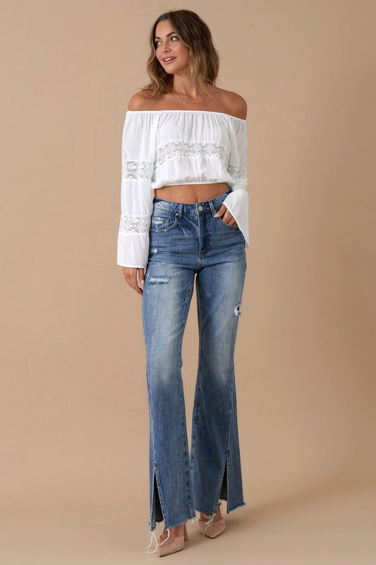 High Rise Slit Flare Denim - Tigbul's Variety Fashion Shop