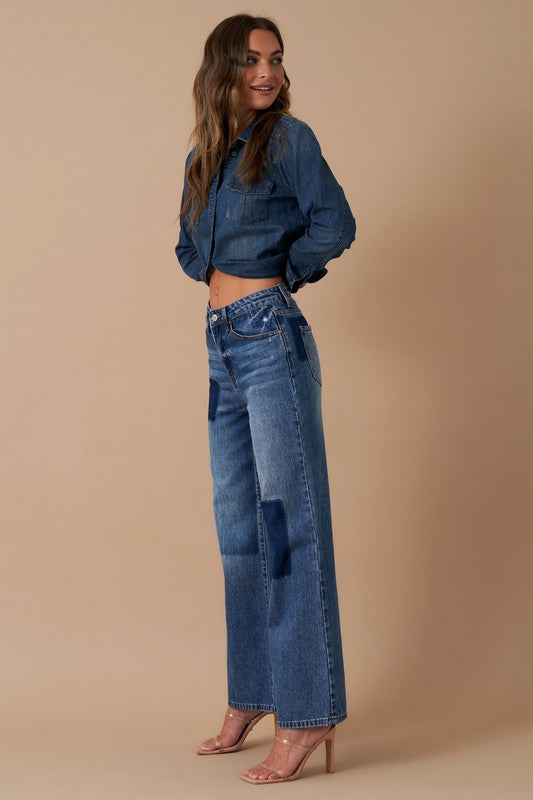 Relaxed Wide Leg Patchwork Blue Jeans - Tigbul's Variety Fashion Shop