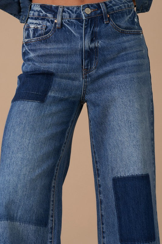 Relaxed Wide Leg Patchwork Blue Jeans - Tigbul's Variety Fashion Shop