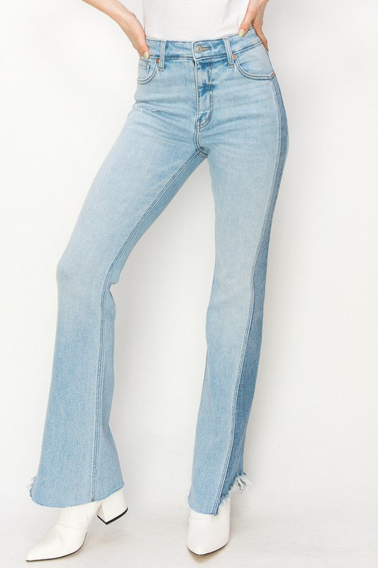 PLUS SIZE - HIGH RISE BOOT CUT COLOR PANEL DETAIL - Tigbul's Variety Fashion Shop