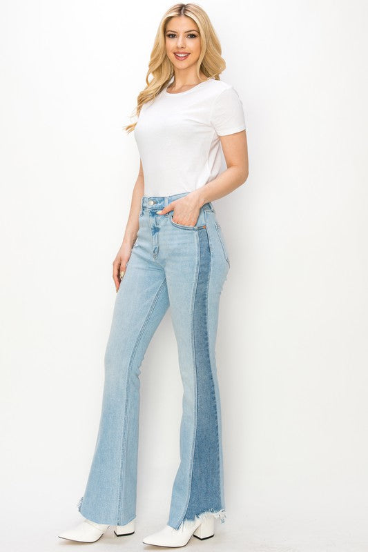 PLUS SIZE - HIGH RISE BOOT CUT COLOR PANEL DETAIL - Tigbul's Variety Fashion Shop