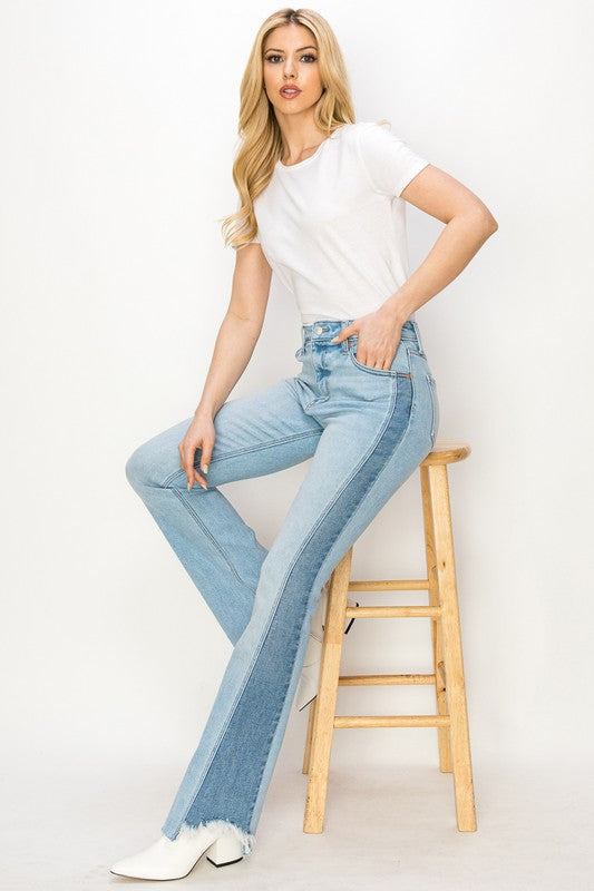 PLUS SIZE - HIGH RISE BOOT CUT COLOR PANEL DETAIL - Tigbul's Variety Fashion Shop