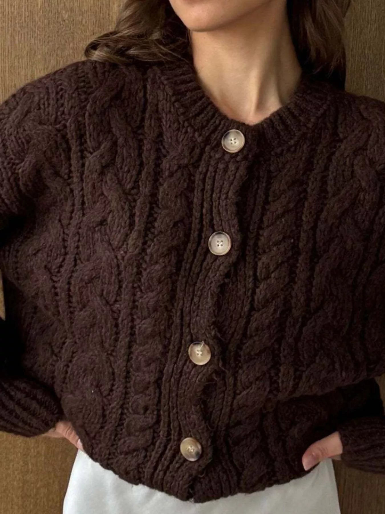 Cable Knit Button-Down Cardigan - Tigbul's Variety Fashion Shop