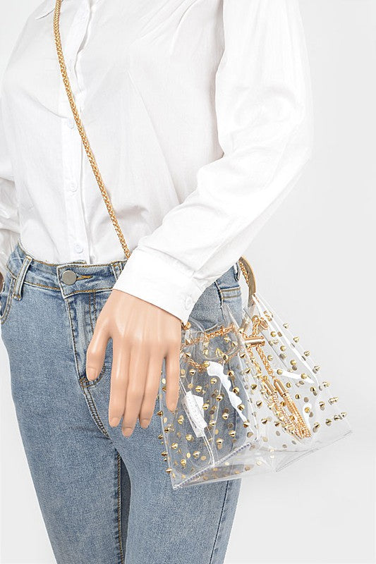 Studded Cleared Top Handle PVC Clutch Bag - Tigbul's Variety Fashion Shop