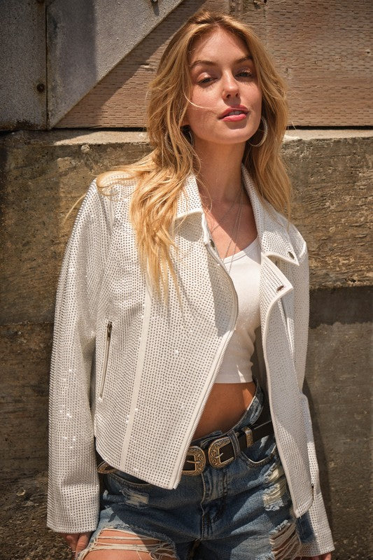 Crystal Studded Stretch Zip Up White Moto Jacket - Tigbul's Variety Fashion Shop