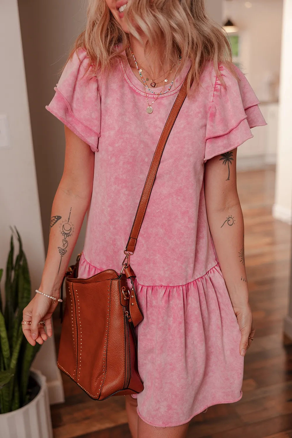 Pink Mineral Wash Raw Edge Ruffle Mini Dress - Tigbul's Variety Fashion Shop