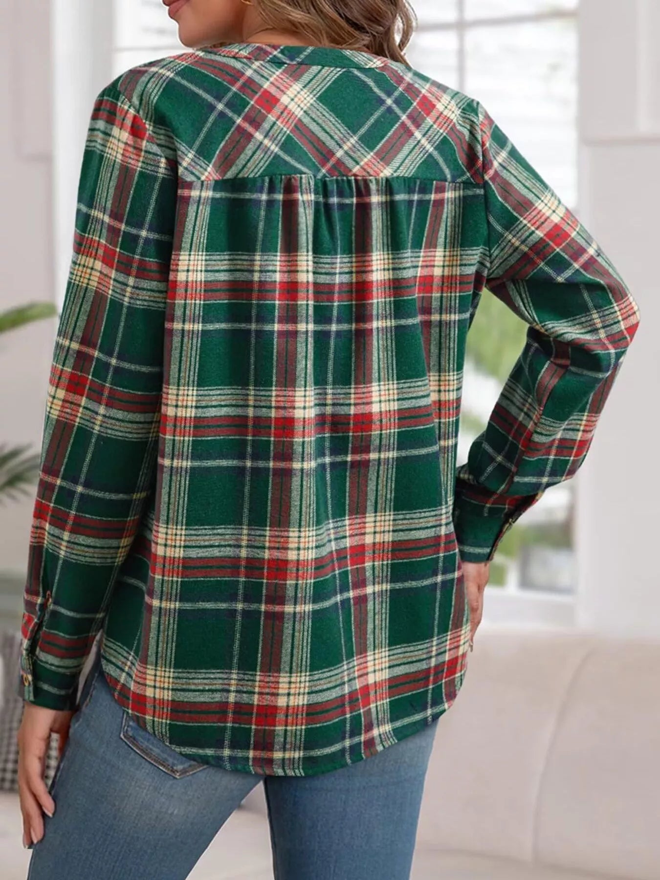 Plaid Half Button Long Sleeve Blouse - Tigbul's Variety Fashion Shop