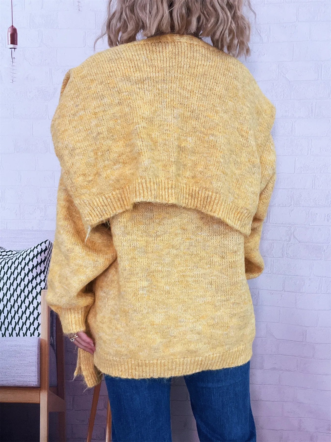 Ribbed Hem V-Neck Sweater with Shawl - Tigbul's Variety Fashion Shop