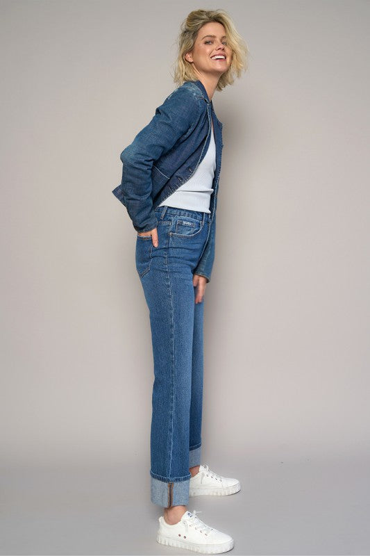 Dark High Rise Cuffed Cropped Boot Cut Jeans - Tigbul's Variety Fashion Shop