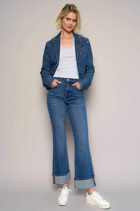 Dark High Rise Cuffed Cropped Boot Cut Jeans - Tigbul's Variety Fashion Shop