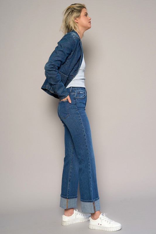 Dark High Rise Cuffed Cropped Boot Cut Jeans - Tigbul's Variety Fashion Shop