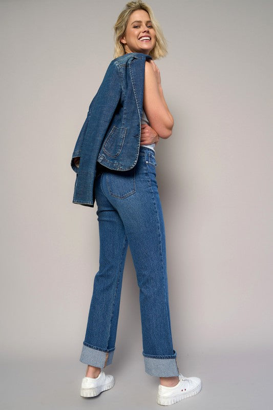 Dark High Rise Cuffed Cropped Boot Cut Jeans - Tigbul's Variety Fashion Shop
